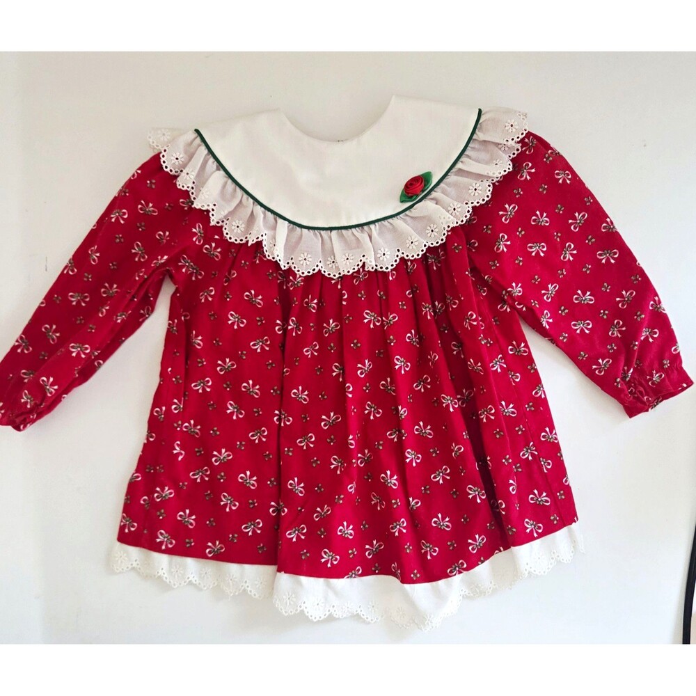 Bryan & Co. Girls 18M Red Bow Print A-Line Dress Long Sleeve Lace Collar